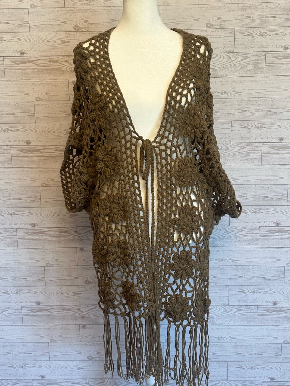 YA Los Angeles Brown Crochet Floral Fringe Cardigan – Boho Hippie Festival L